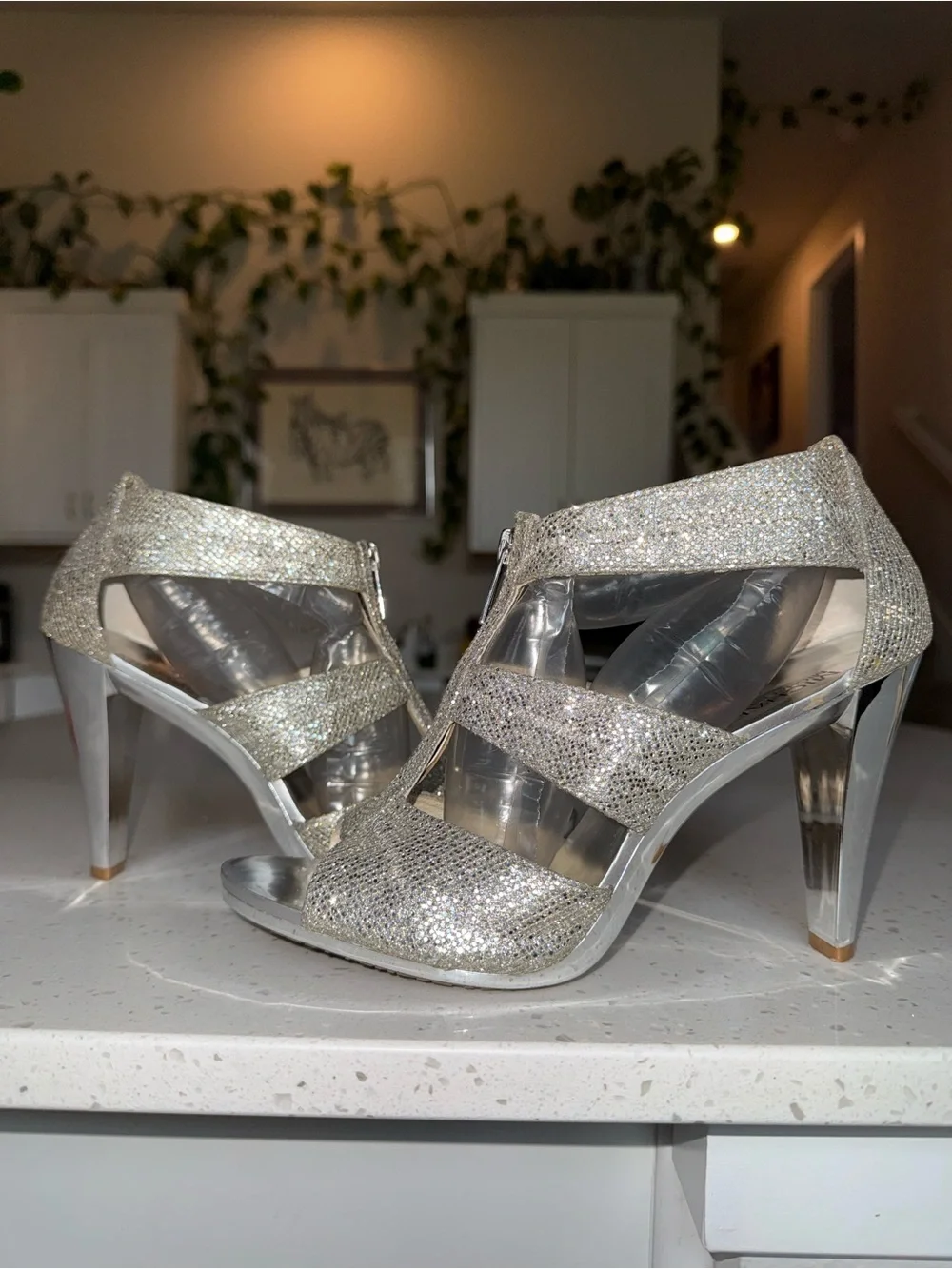 Michael Kors Silver Glitter Cutout High Heel Sandals